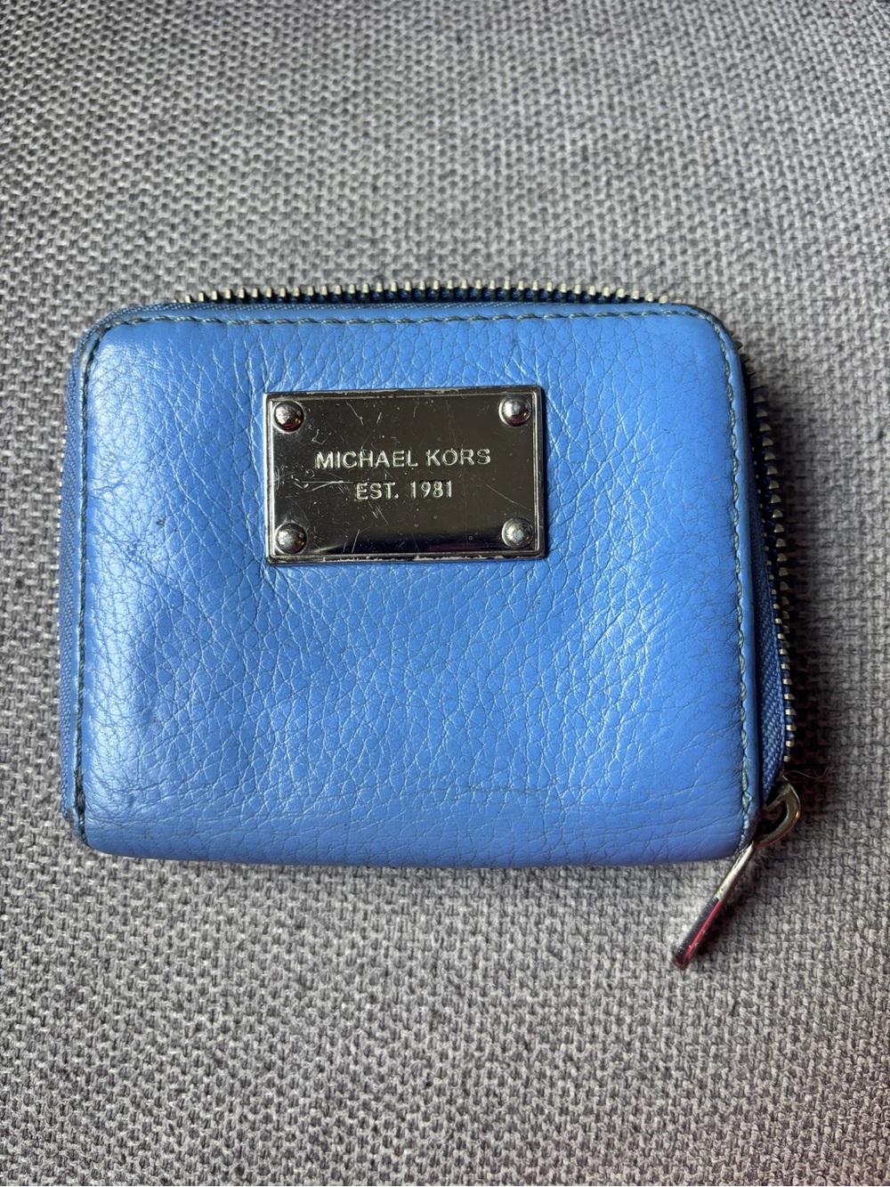 Michael Kors Light Blue Leather Zip Card Wallet with Logo Plate